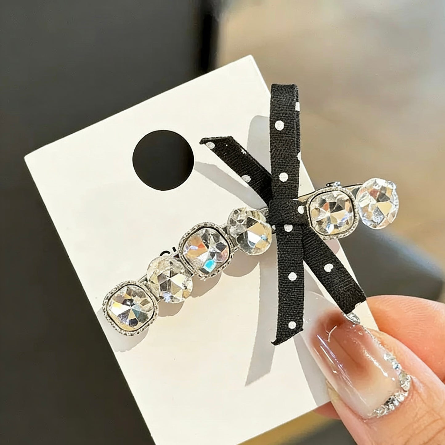 Row of Diamonds with Bow Czech Hair Clip | Alloy Rhinestone Barrette | Sparkly Classic Bridal Hairpin | Elegant Luxury Gift for Women