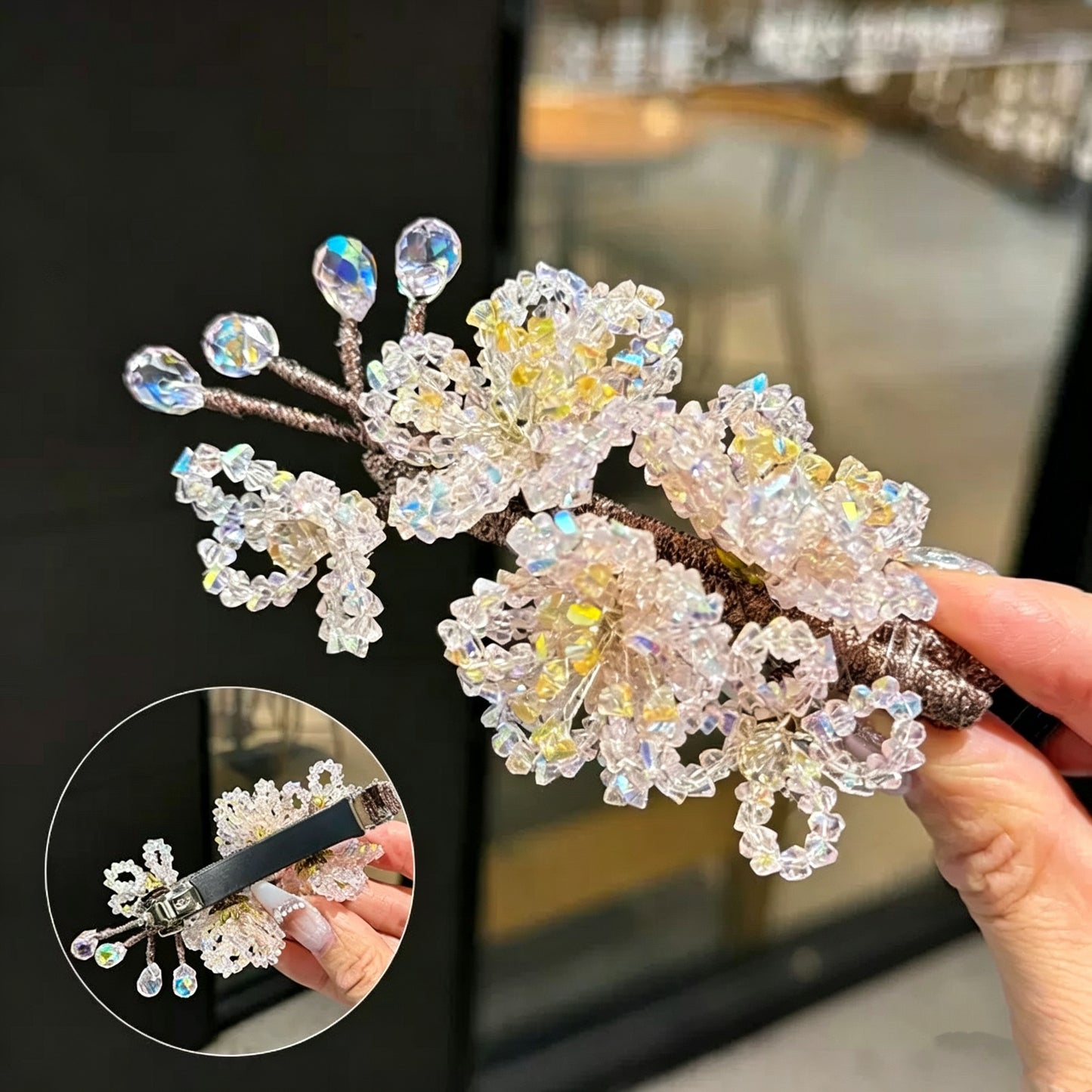 Dreamy Iridescent Beaded Flower Hair Clip with Tassels