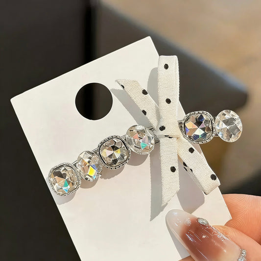 Row of Diamonds with Bow Czech Hair Clip | Alloy Rhinestone Barrette | Sparkly Classic Bridal Hairpin | Elegant Luxury Gift for Women
