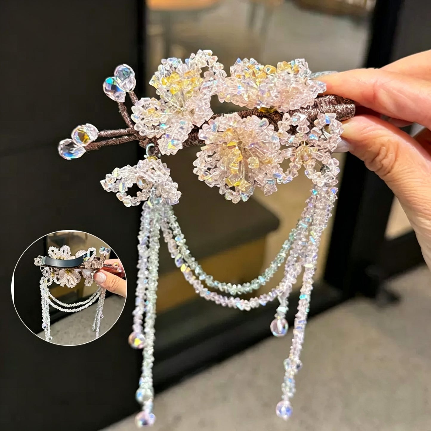 Dreamy Iridescent Beaded Flower Hair Clip with Tassels