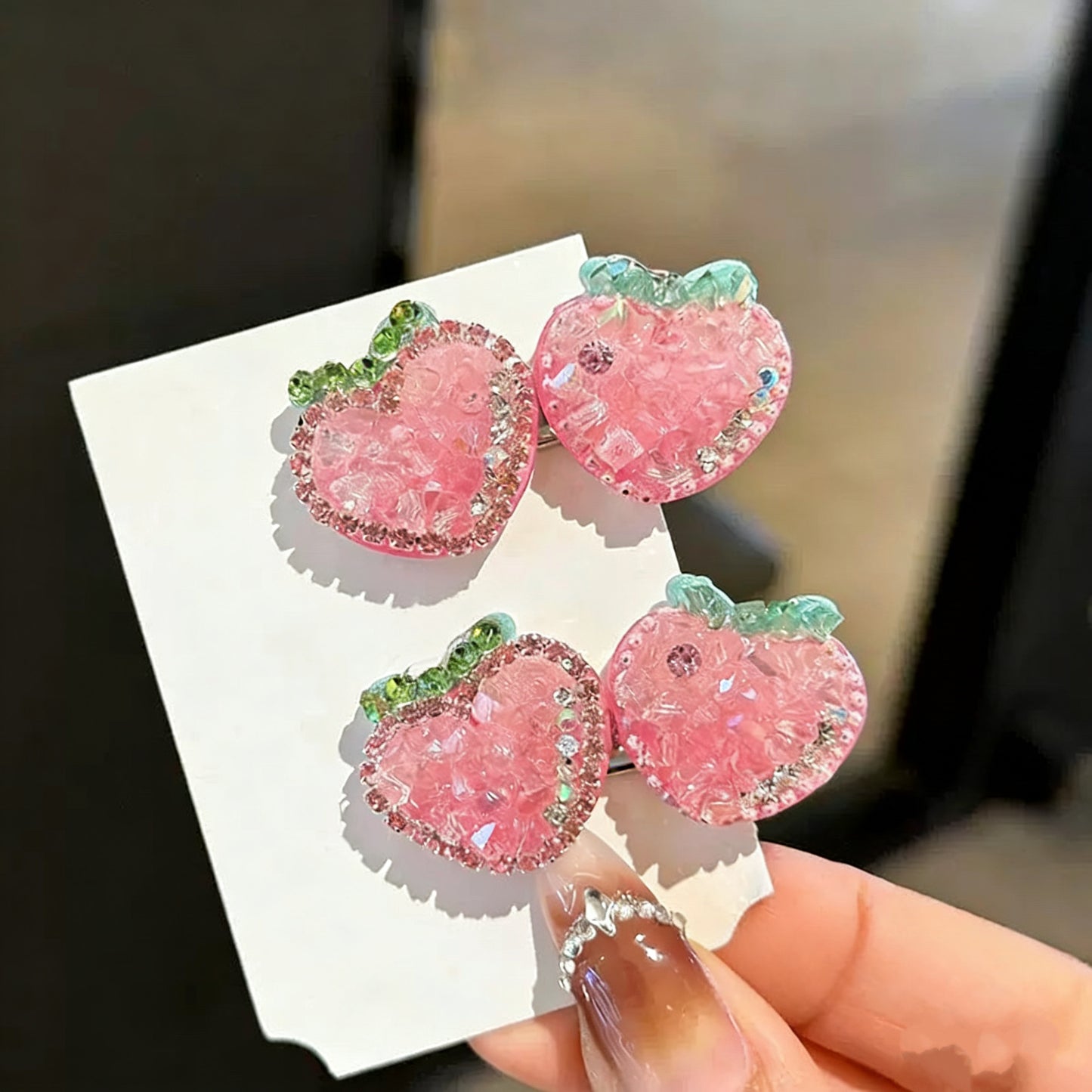Pink Strawberry Czech Diamond Hair Clip | Alloy Rhinestone Barrette | Sparkly Fruit-Shaped Bridal Hairpin | Sweet Luxury Gift for Women