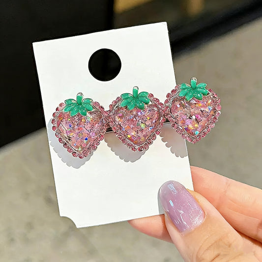 Pink Strawberry Czech Diamond Hair Clip | Alloy Rhinestone Barrette | Sparkly Fruit-Shaped Bridal Hairpin | Sweet Luxury Gift for Women